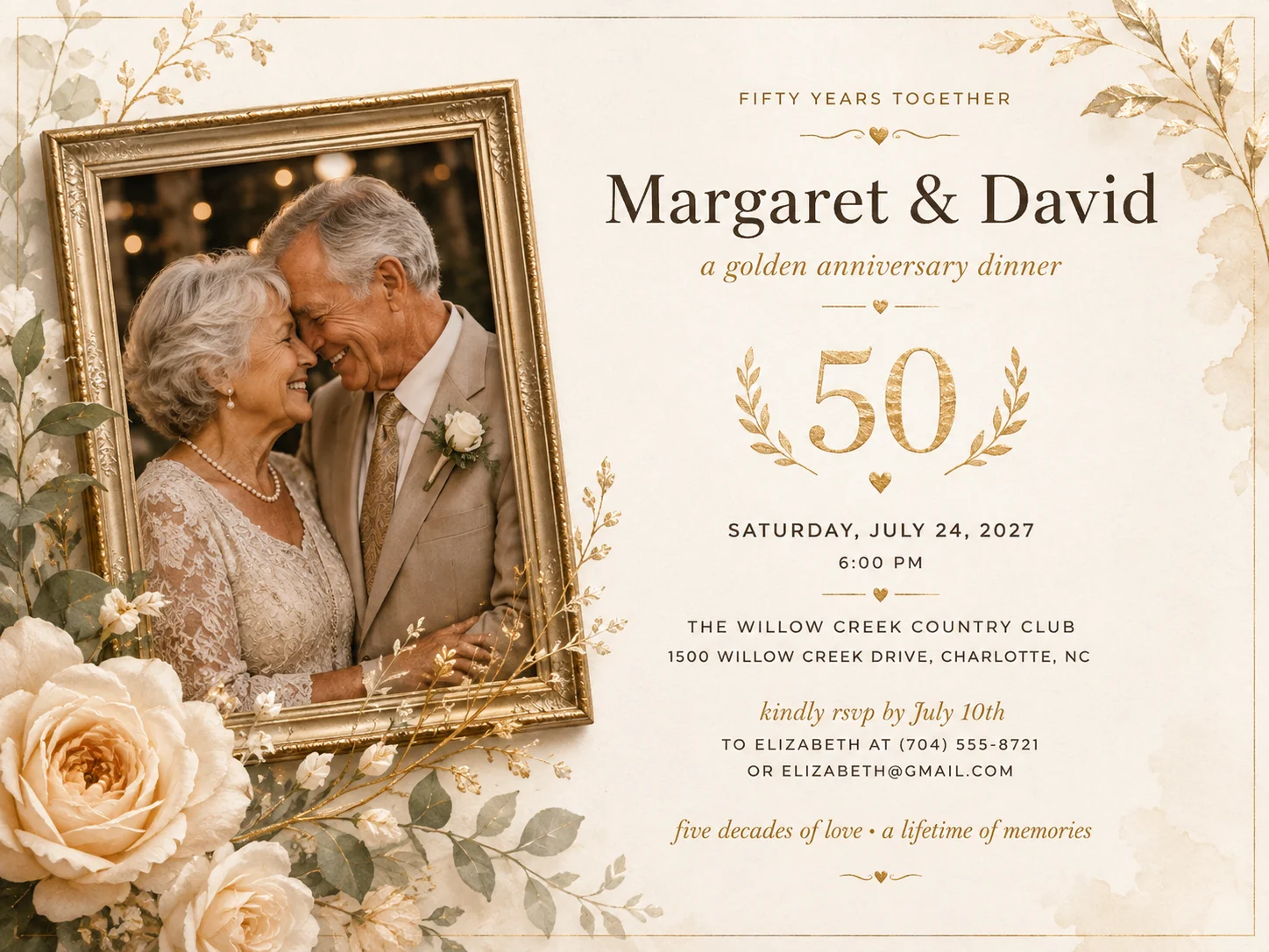 Golden anniversary invitation for Margaret and David with a framed keepsake portrait motif