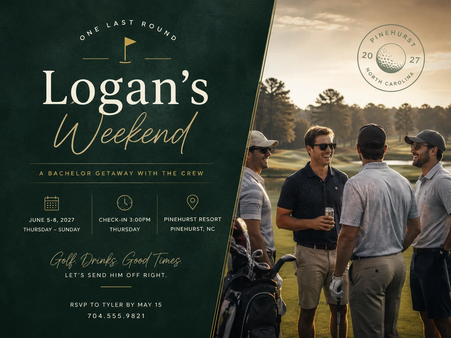 Deep green bachelor party invitation for Logan with golf weekend details