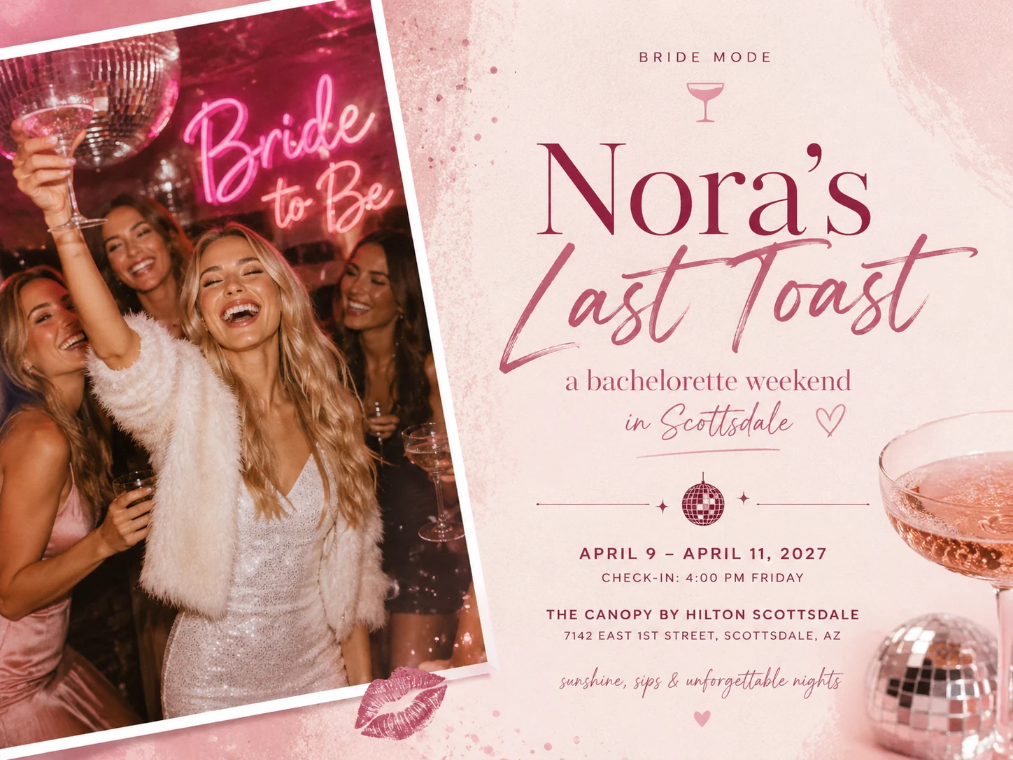 Pink bachelorette party invitation for Nora with citrus, disco, and cocktail details
