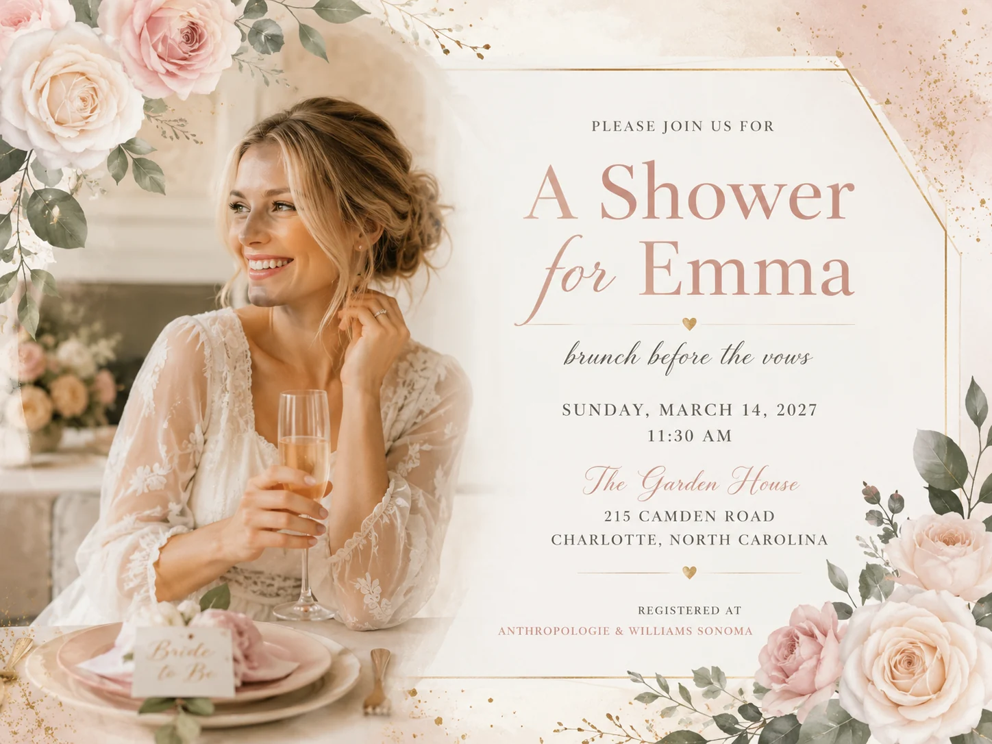 Blush bridal shower invitation for Emma with floral details and brunch-before-the-vows wording