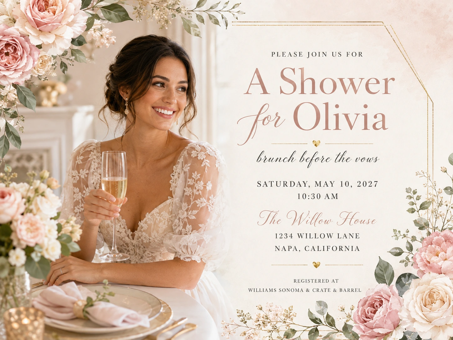 Photorealistic blush floral bridal shower invitation for Olivia with brunch-before-the-vows styling
