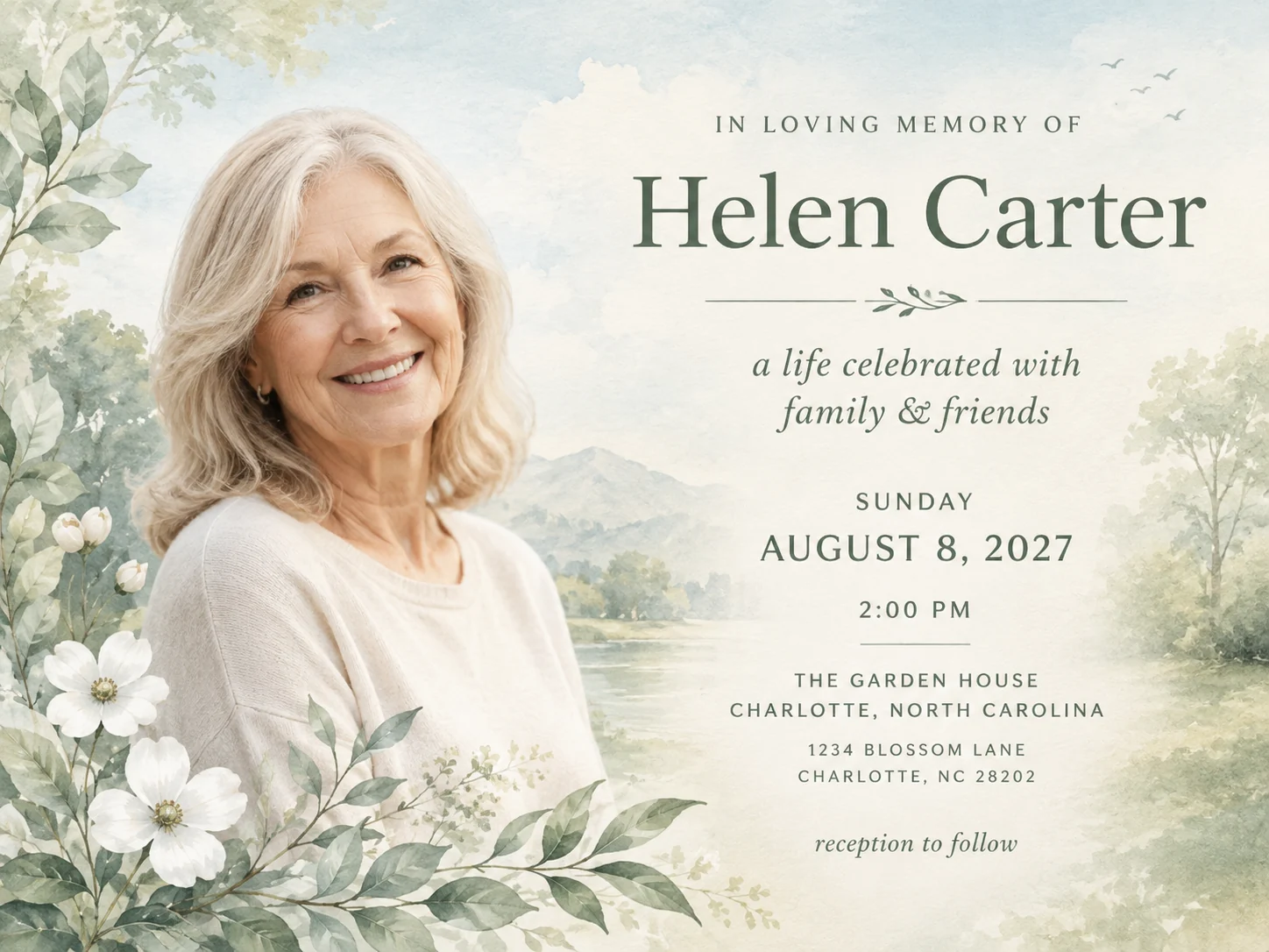 Gentle memorial invitation remembering Helen Carter with a peaceful landscape