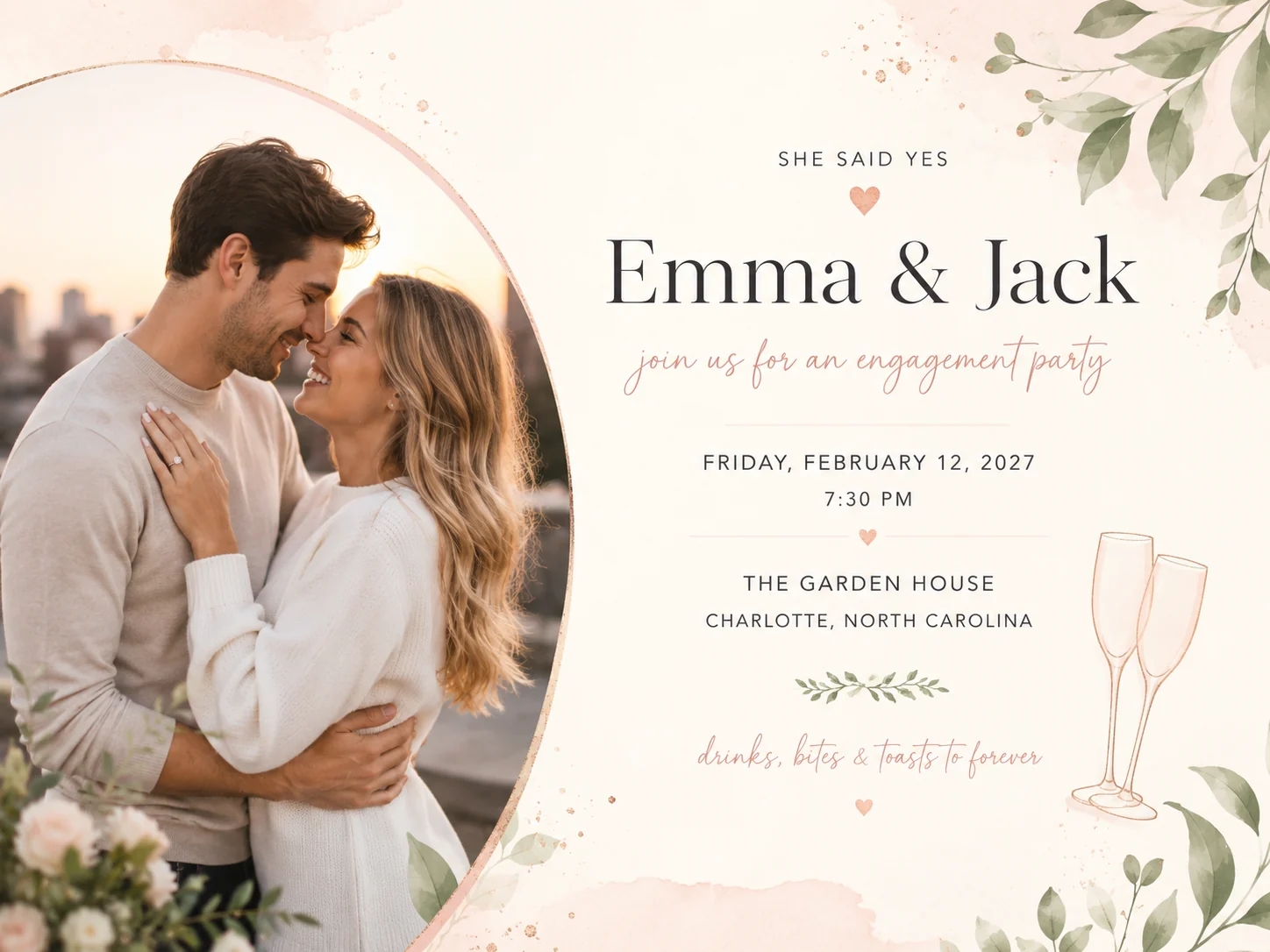 Romantic engagement party invitation for Emma and Jack with ring and champagne details
