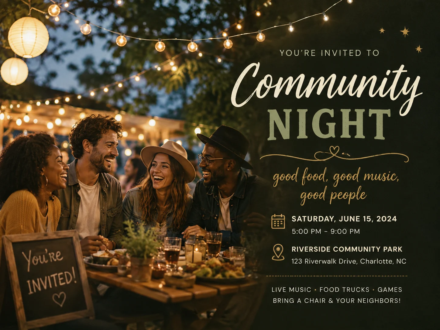 Community Night invitation with string lights and personalized gathering details