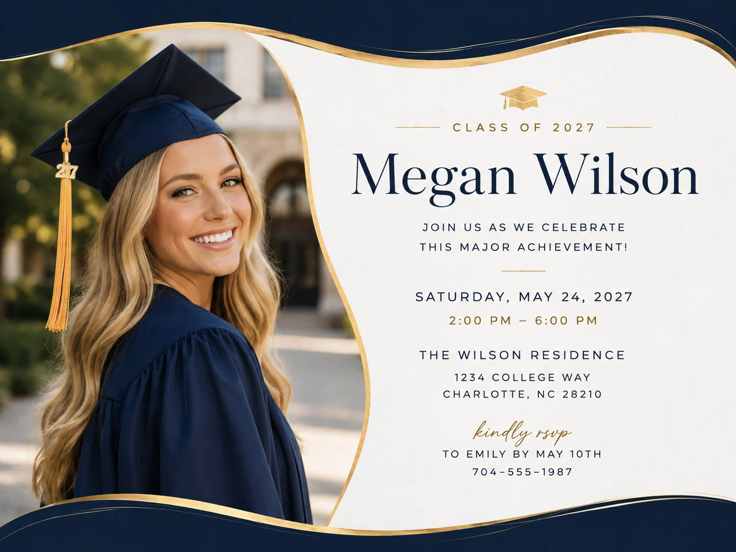 Elegant navy and gold graduation invitation for Megan Wilson with cap and diploma motif