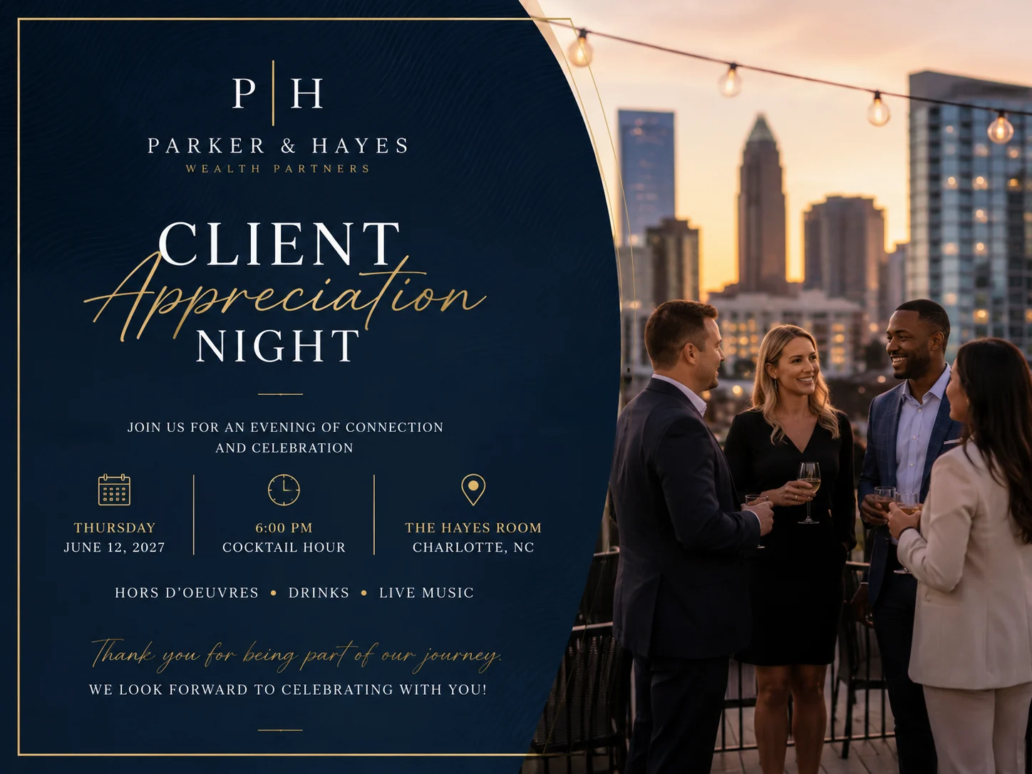 Navy and gold client appreciation invitation with polished professional styling