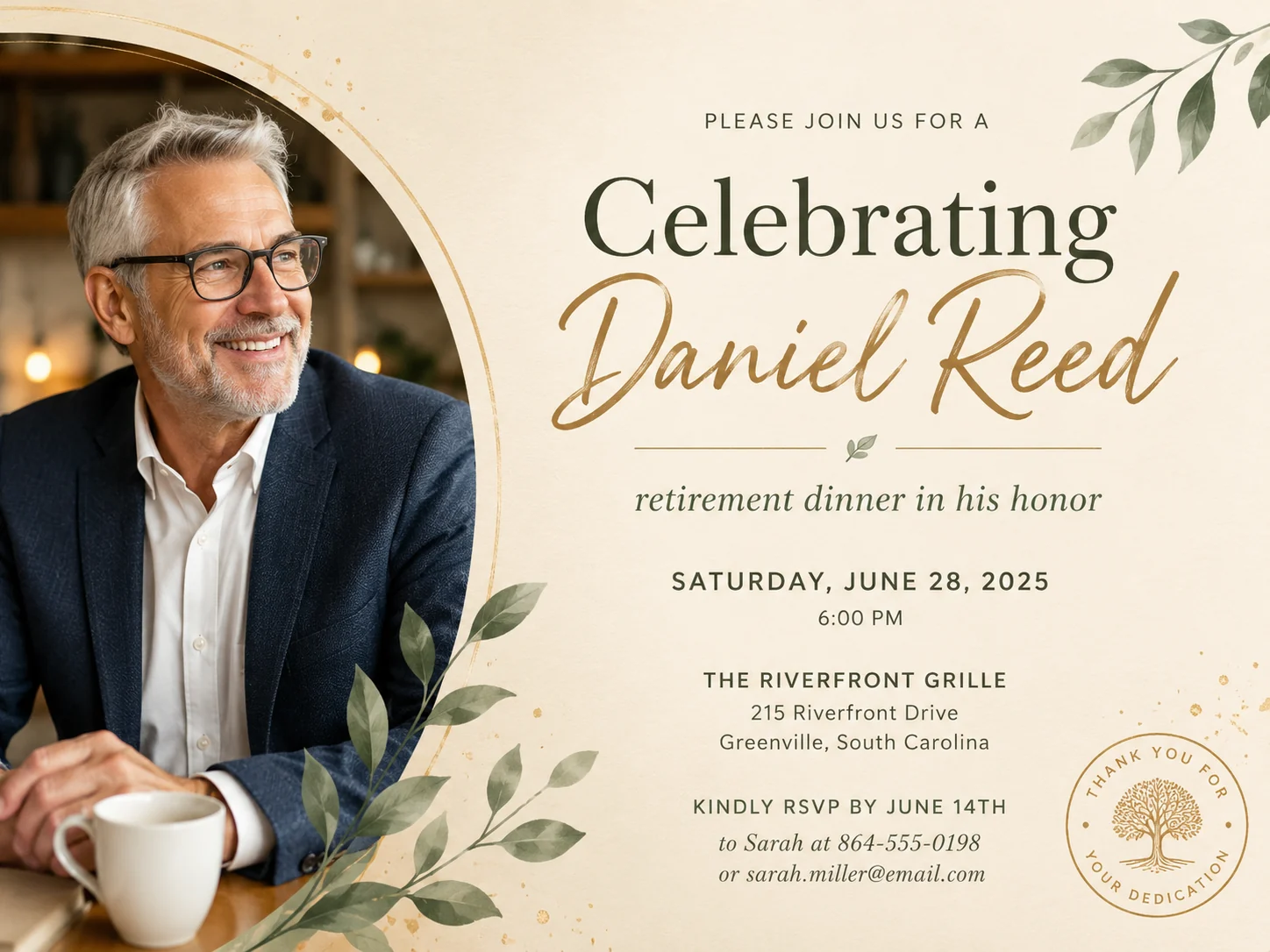Warm retirement celebration invitation honoring Daniel Reed and his next chapter