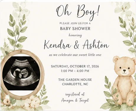 Personalized Oh Boy baby shower invitation with greenery, ultrasound keepsake, and teddy bear