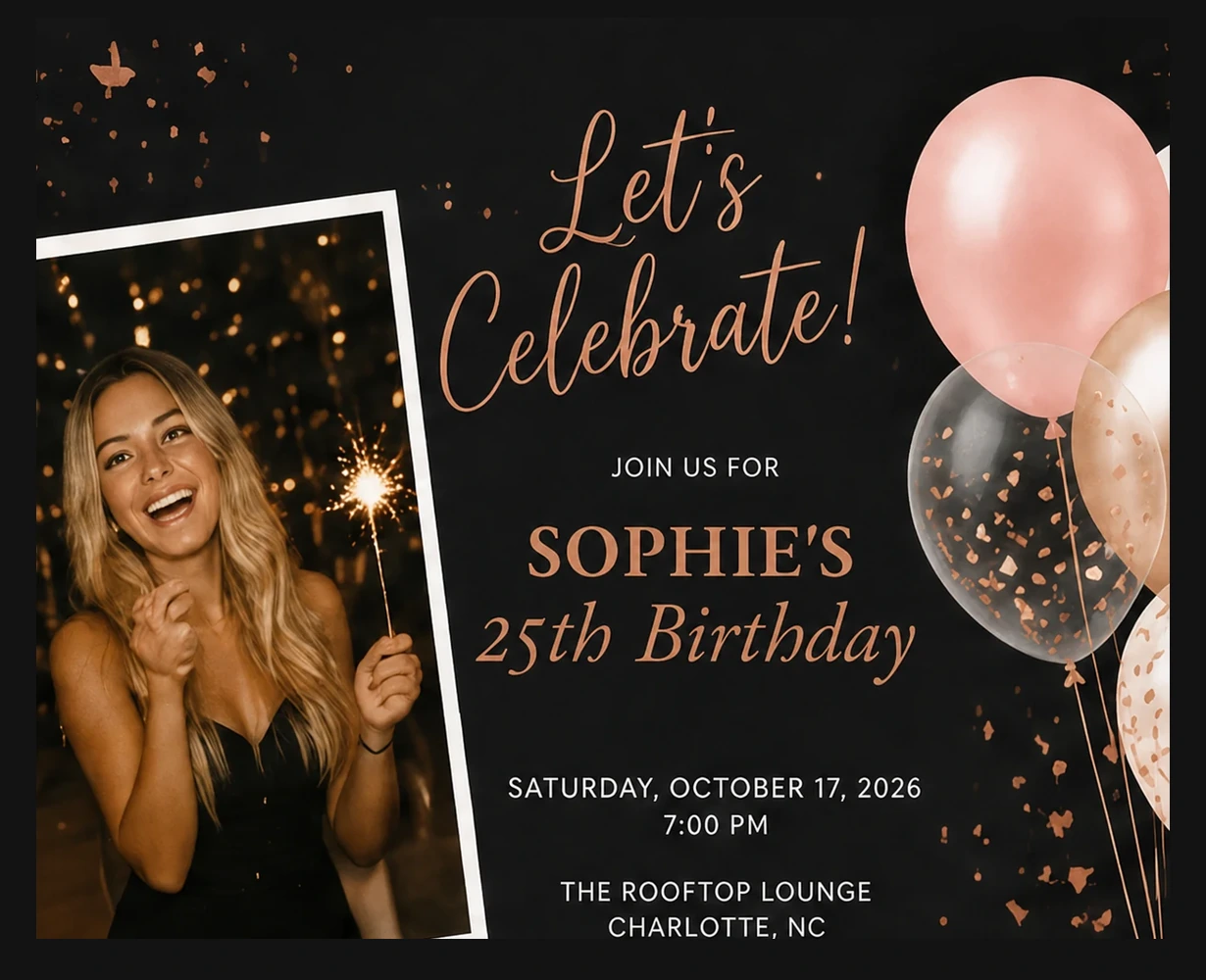 Personalized floral birthday invitation for Sophie's 25th birthday